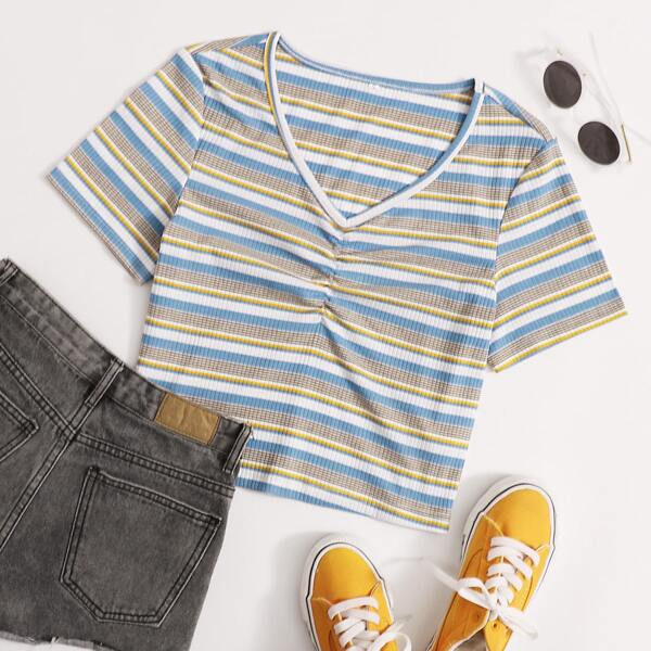

Striped Ruched Front Ribbed Crop Tee, Multicolor