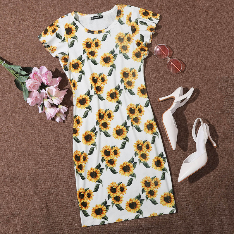

Butterfly Sleeve Sunflower Print Dress, White