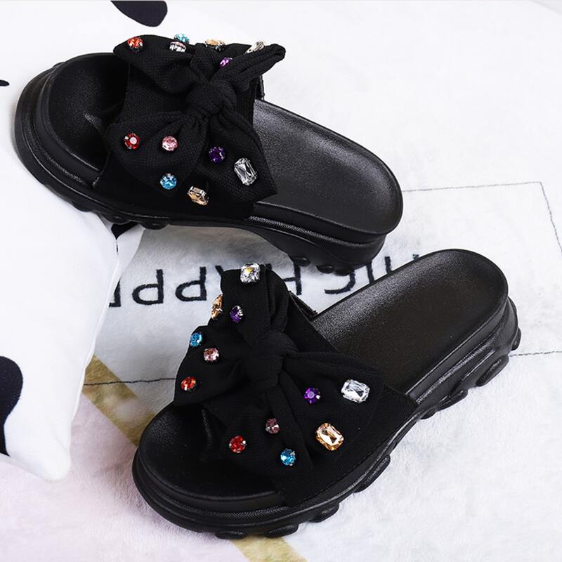

Rhinestone Bow Chunky Sliders, Black