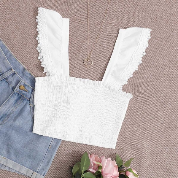 

Guipure Lace Trim Strap Shirred Detail Top, White
