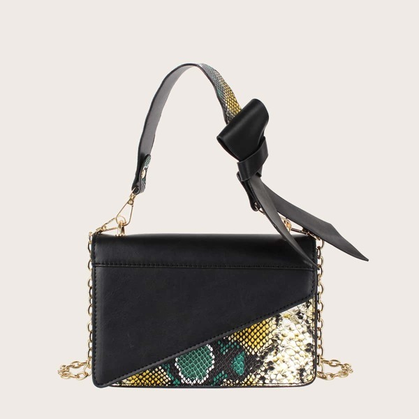 

Snakeskin Flap Tote Bag, Black