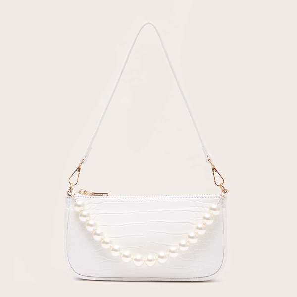 

Faux Pearl Decor Croc Embossed Baguette Bag, White