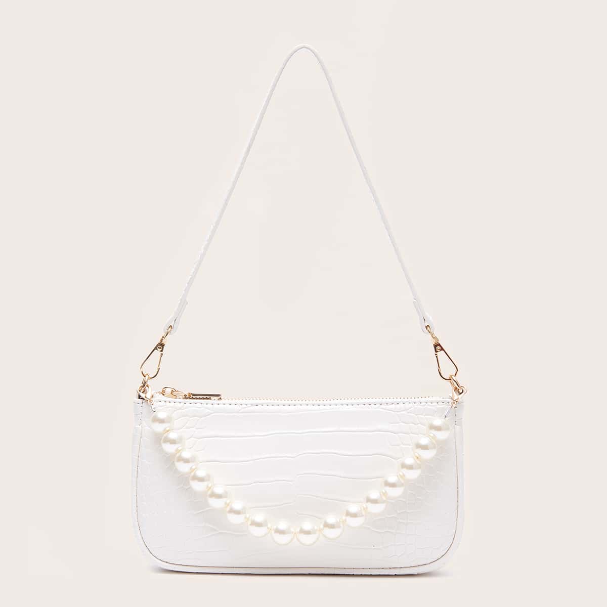 

Faux Pearl Decor Croc Embossed Baguette Bag, White