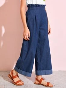 SHEIN Quần con gái Xếp li màu trơn Hải quân Giải trí - Màu xanh hải quân - Xem 4