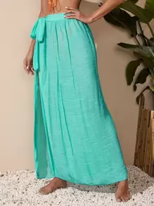 Swim Vcay Summer Beach Knot Waist Cover Up Skirt - Mint Blue - View 3