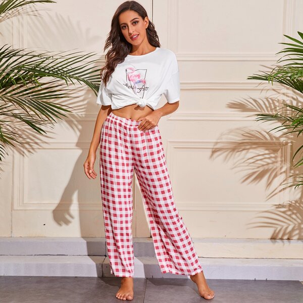 

Drop Shoulder Flamingo Print Top & Buffalo Plaid Pants PJ Set, Multicolor