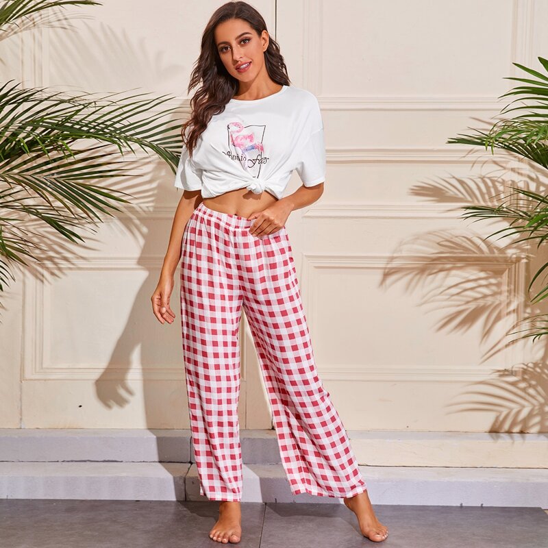 

Drop Shoulder Flamingo Print Top & Buffalo Plaid Pants PJ Set, Multicolor
