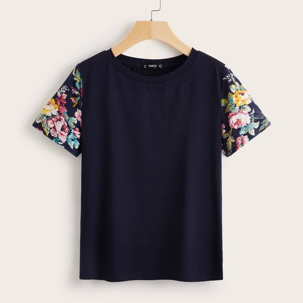 

Floral Print Sleeve Tee, Navy blue