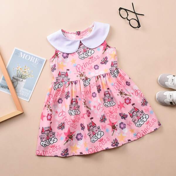 

Toddler Girls Peter Pan Collar Cartoon Graphic Dress, Pink