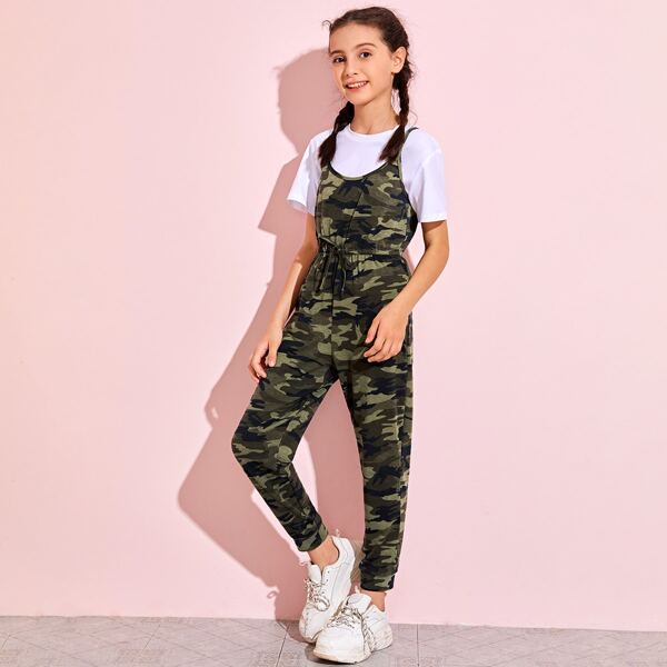 

Girls Camo Print Cami Jumpsuit Without Top, Multicolor