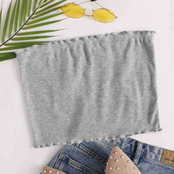 

Lettuce Trim Rib-knit Bandeau Top, Grey