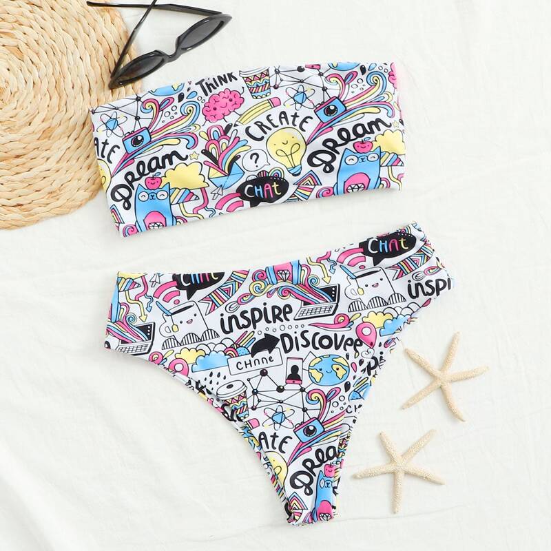 

Cartoon Graphic Bandeau Bikini Swimsuit, Multicolor