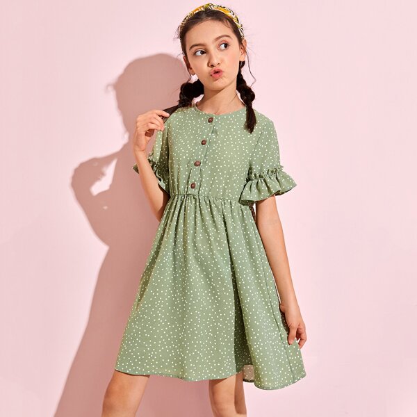 

Girls Bell Sleeve Button Front Polka Dot Dress, Mint green