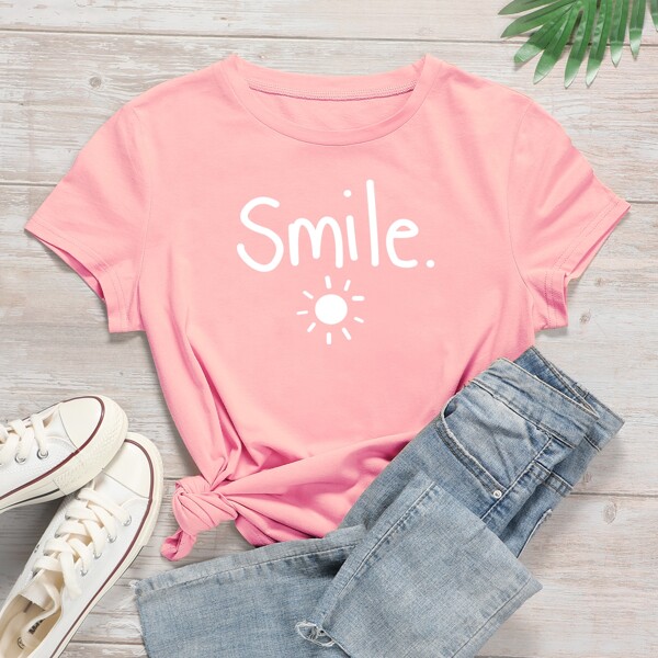 

Letter And Sun Print Tee, Baby pink