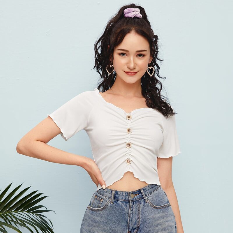 

Ruched Button Front Tee, White