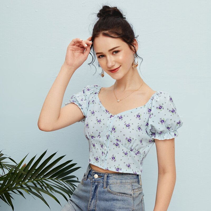 

Floral Button Front Crop Top, Blue pastel