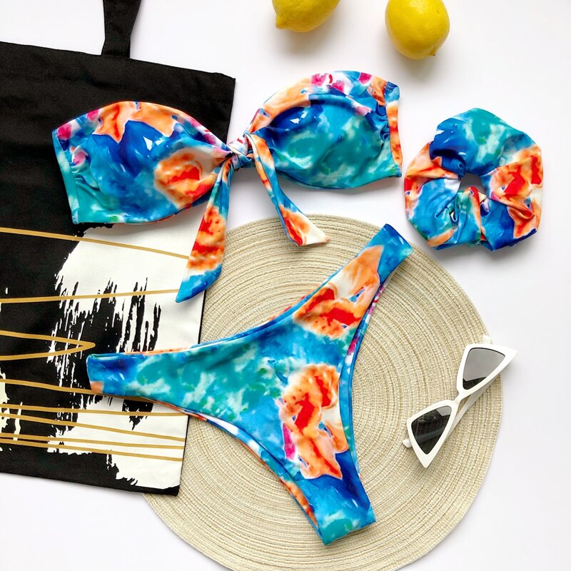

Tie Dye Bandeau Bikini Swimsuit & Scrunchie, Multicolor