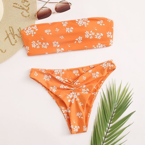 

Floral Ruched Bandeau Bikini Swimsuit, Orange