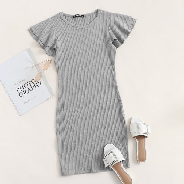 

Layered Flutter Sleeve Rib-knit Dress, Grey