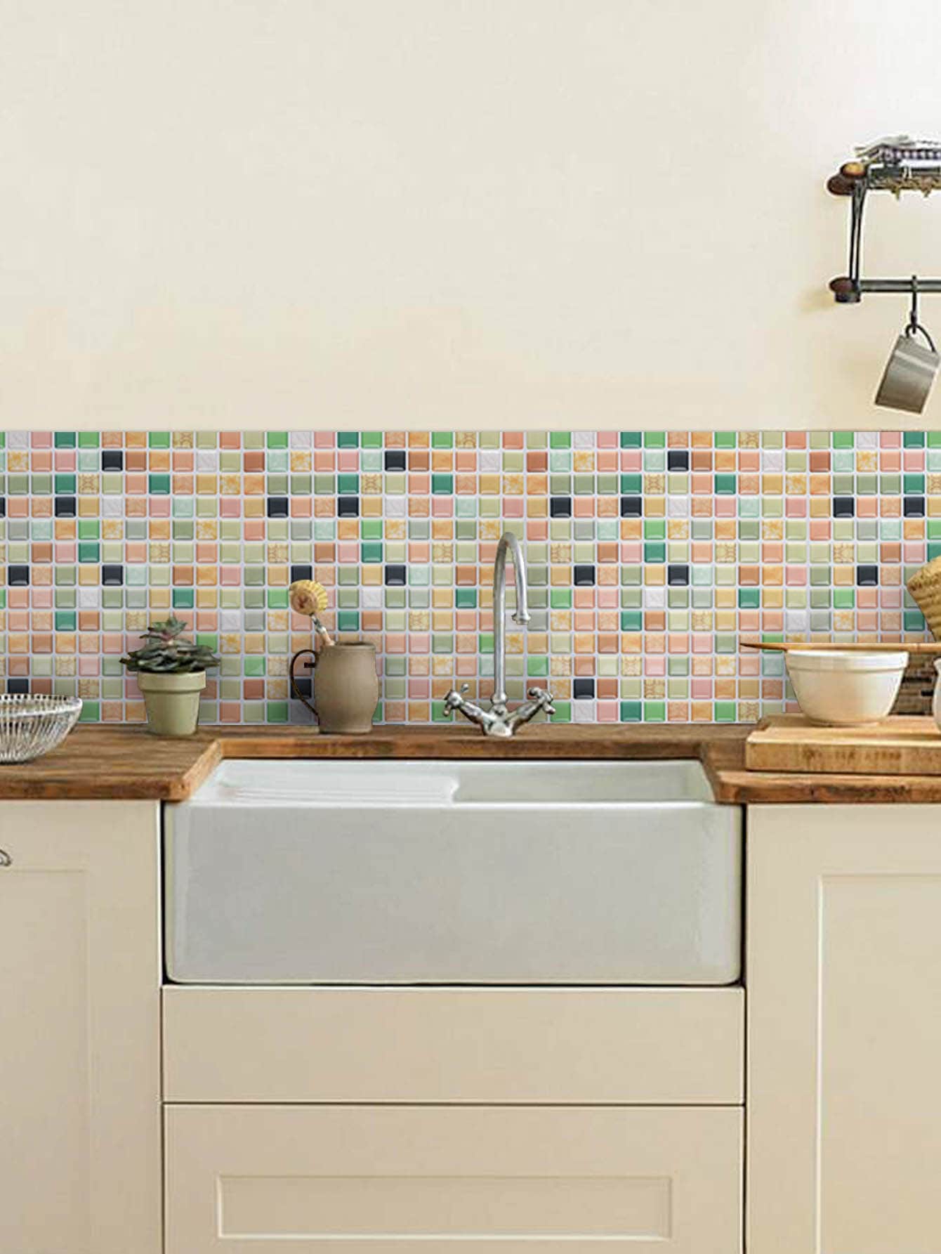 1 peça 23,6*23,6cm Papel de Parede Adesivo Impermeável 3D Epóxi, Revestimento de Parede Padrão de Mosaico para Banheiro e Cozinha, Adesivos, Decalque de Parede, Decalque Vinil para Decoração Doméstica, Itens de Decoração de Primavera Refresquem sua Casa, Adesivos de Decoração Rama Decoração de Cozinha - Multicolorido - Visão 1