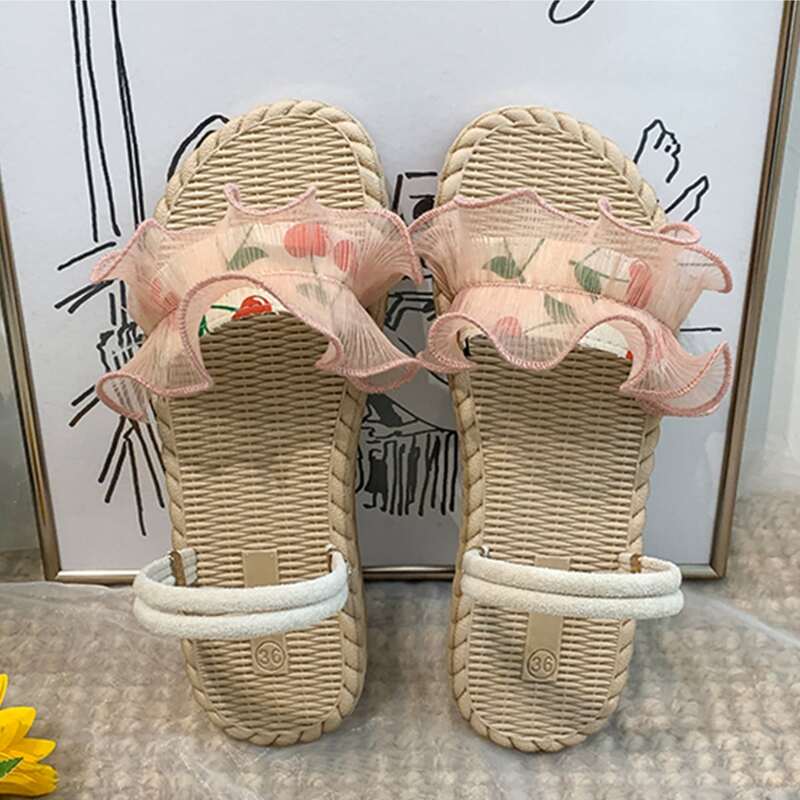 

Cherry Ruffle Flat Sandals, Multicolor