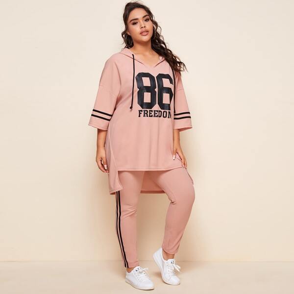 

Plus Drop Shoulder Varsity Hooded Top & Striped Side Leggings Set, Baby pink