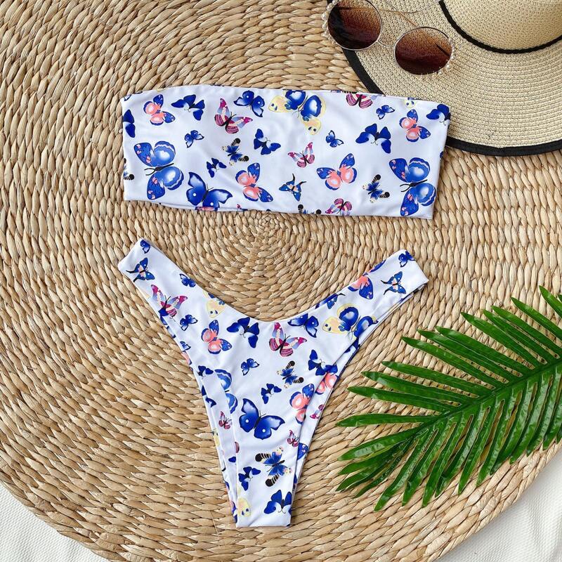 

Butterfly Print Bandeau High Cut Bikini Swimsuit, Multicolor