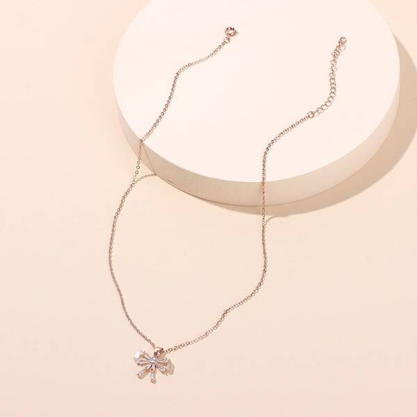 

Rhinestone Decor Bow Charm Necklace, Gold