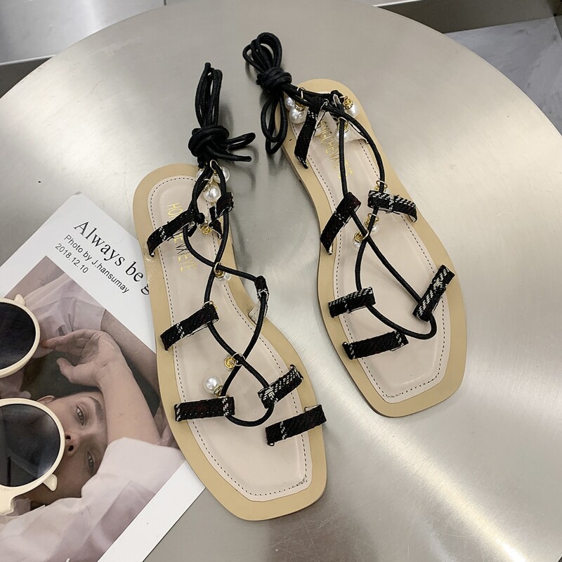 

Faux Pearl Tie Leg Sandals, Black