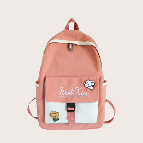 

Buckle Decor Cartoon Appliques Backpack, Orange
