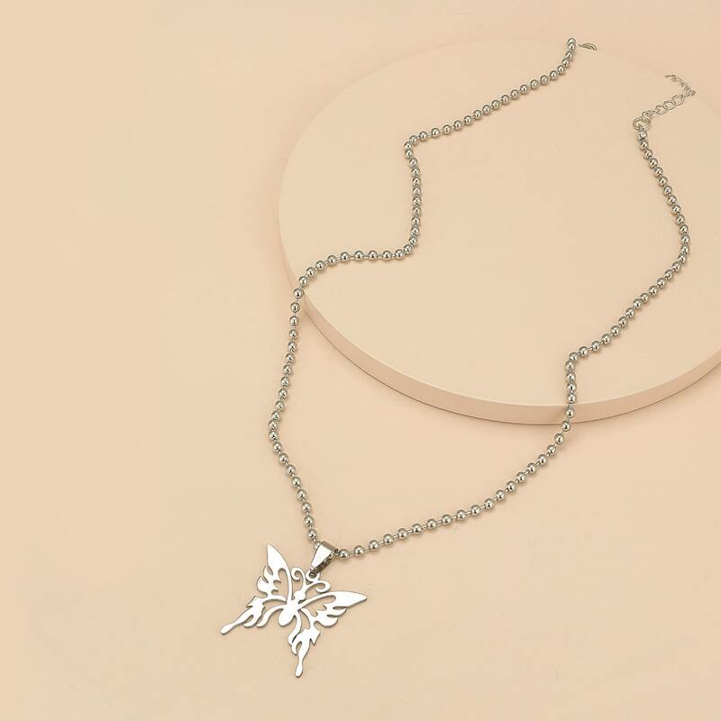 

Guys Butterfly Charm Beaded Necklace, Silver