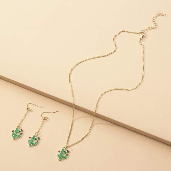 

Cactus Charm Necklace & Drop Earrings Set, Green