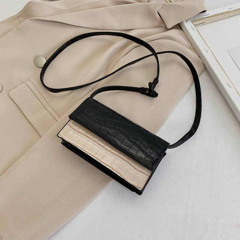 

Colorblock Croc Embossed Crossbody Bag, Black and white