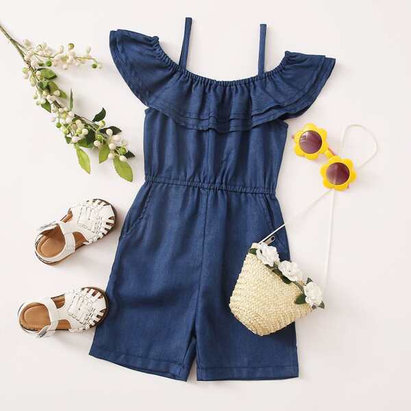 

Toddler Girls Cold Shoulder Ruffle Denim Romper, Dark wash