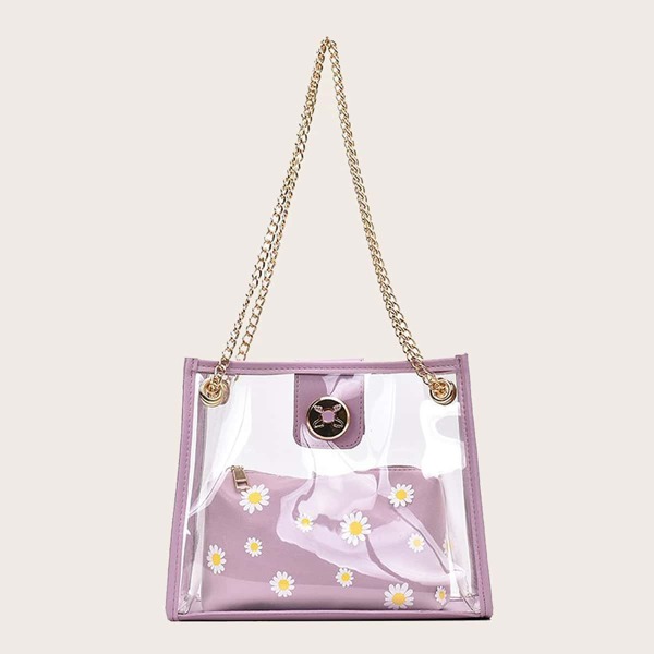 

Clear Daisy Floral Graphic Tote Bag With Inner Pouch, Purple