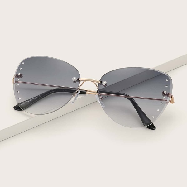 

Rimless Rhinestone Engraved Sunglasses, Black