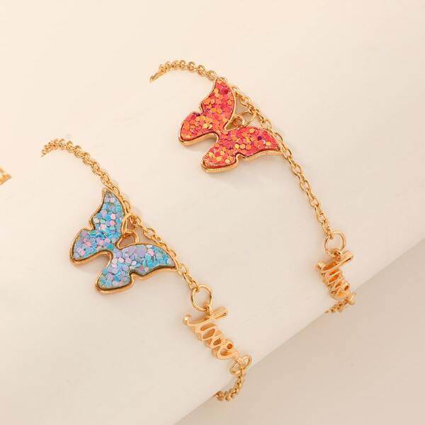 

2pcs Girls Butterfly & Letter Charm Foot Chain, Multicolor