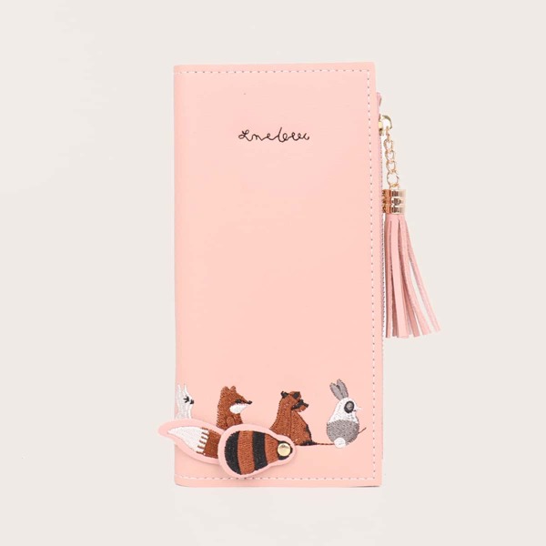 

Tassel Decor Cartoon Embroidery Purse, Pink