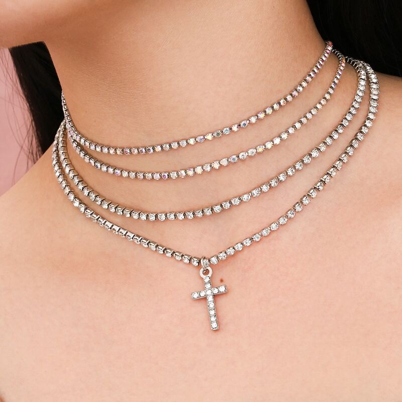 

2pcs Cross Rhinestone Engraved Choker, Silver