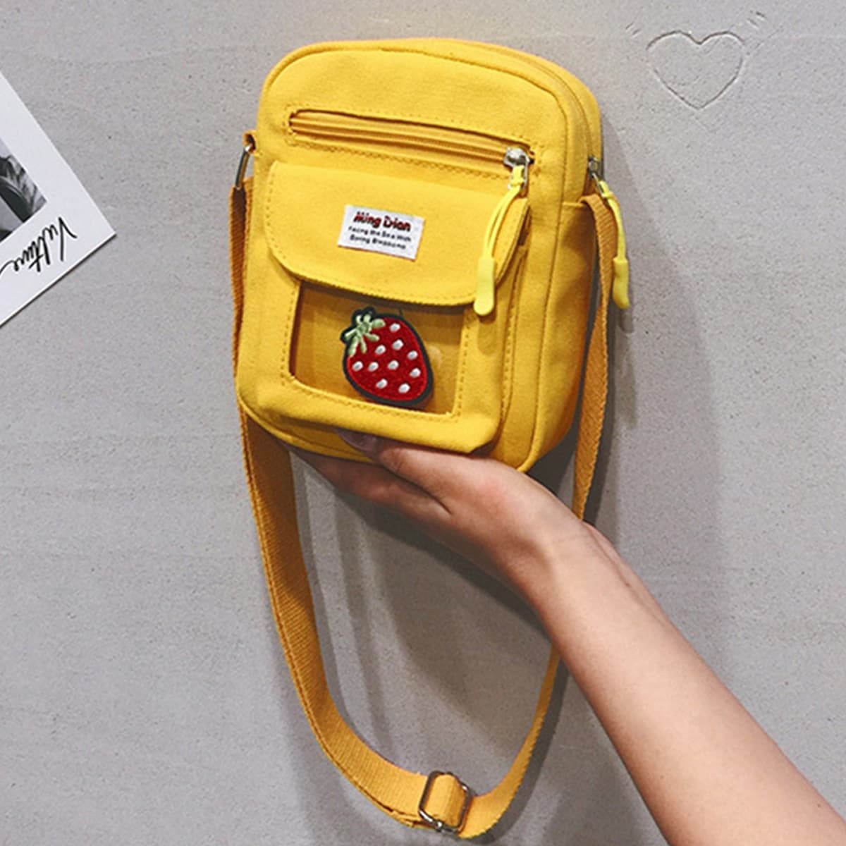 

Strawberry Canvas Crossbody Bag, Yellow