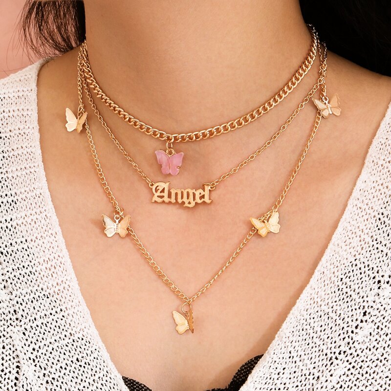 

Layered Letter & Butterfly Charm Necklace, Gold