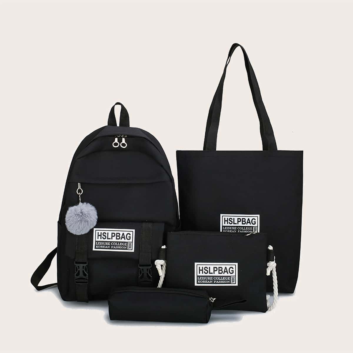 

4pcs Guys Letter Graphic Backpack With Pencil Case, Black