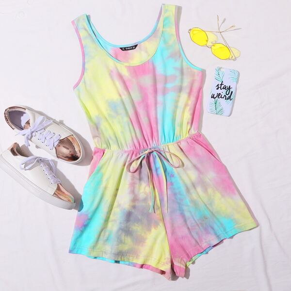 

Knot Waist Tie Dye Tank Romper, Multicolor