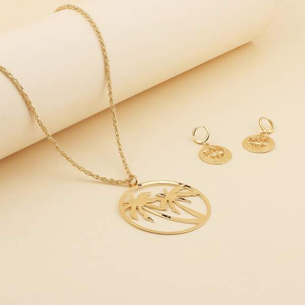 

3pcs Coconut Tree Charm Necklace & Drop Earrings Set, Gold