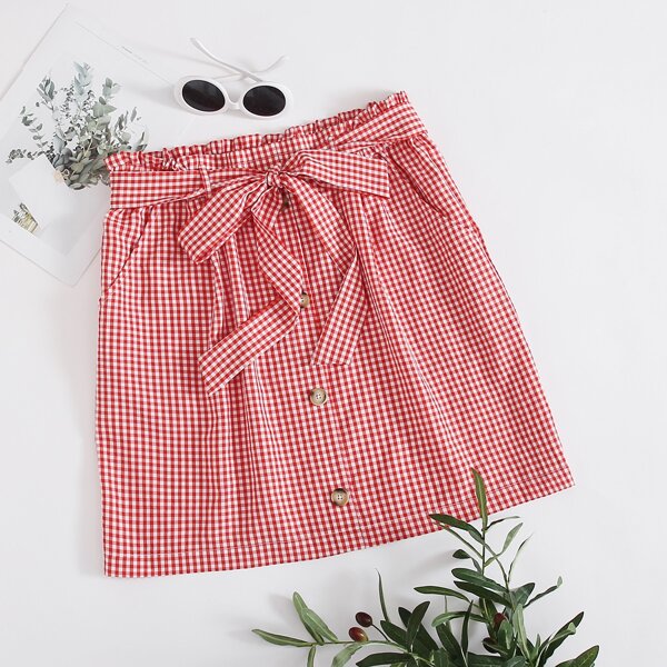 

Plus Button Up Belted Gingham Skirt, Red