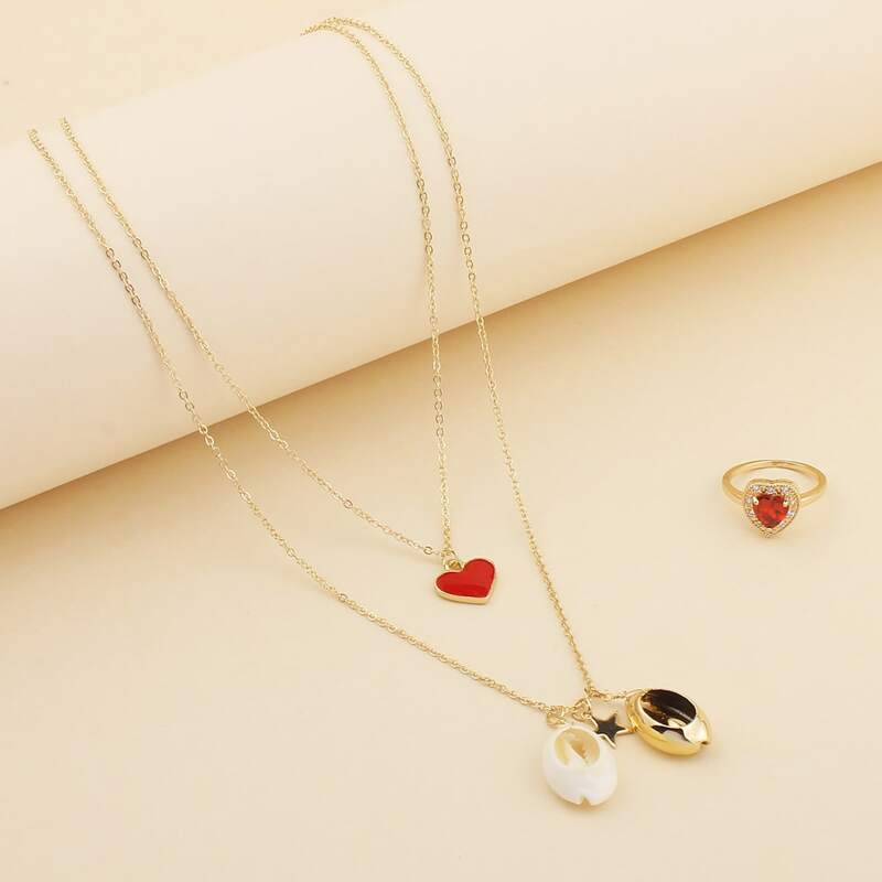 

2pcs Heart Charm Necklace & Ring Set, Gold