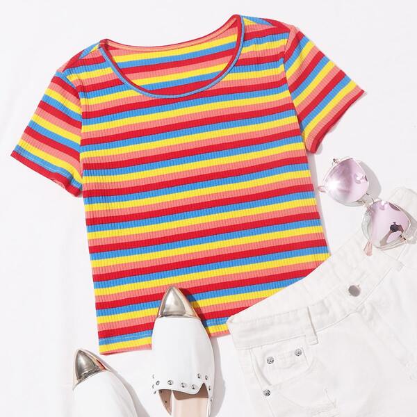 

Rainbow Striped Ribbed Tee, Multicolor