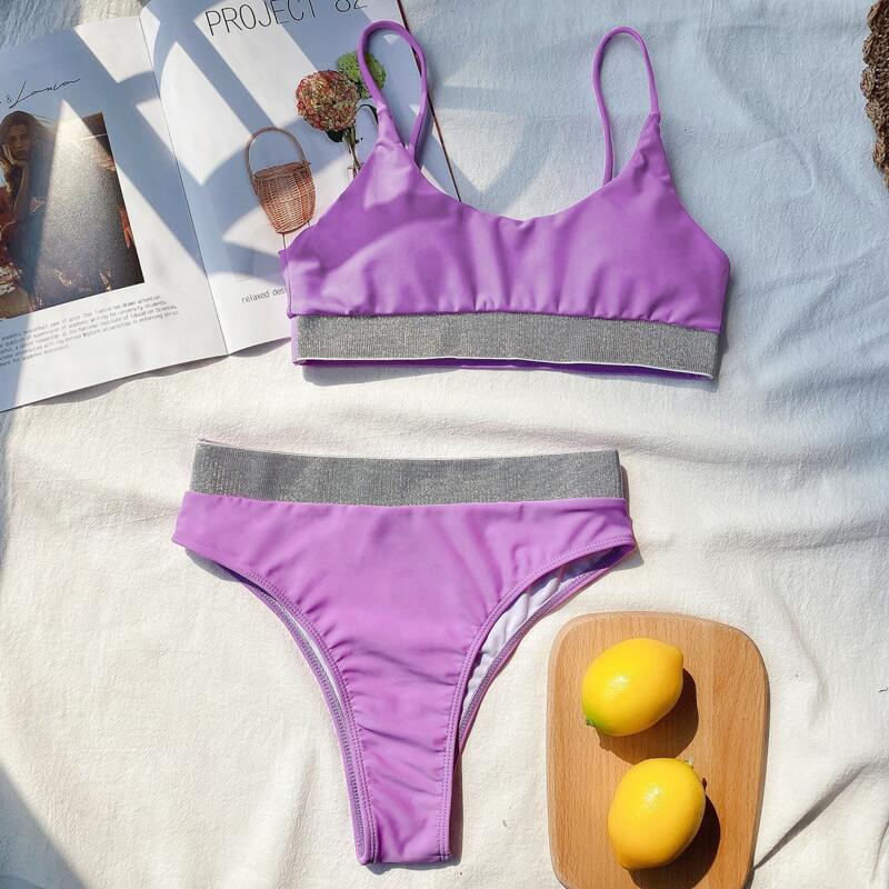 

Glitter Trim High Waisted Bikini Swimsuit, Violet purple