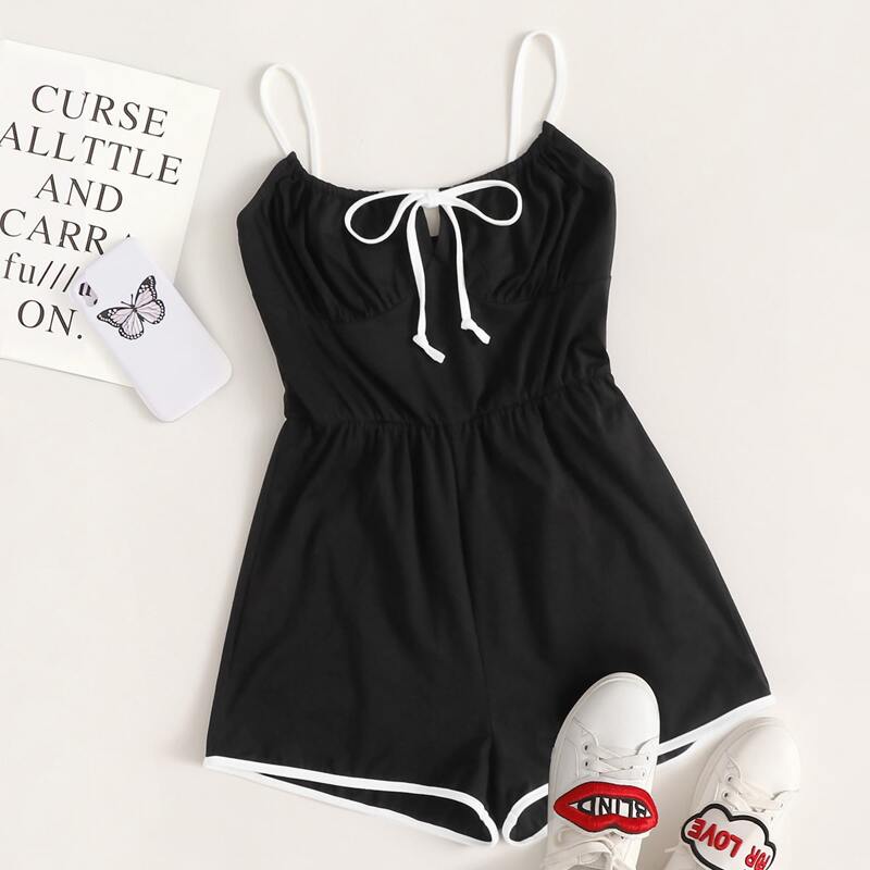 

Contrast Binding Self-Tie Cami Romper, Black