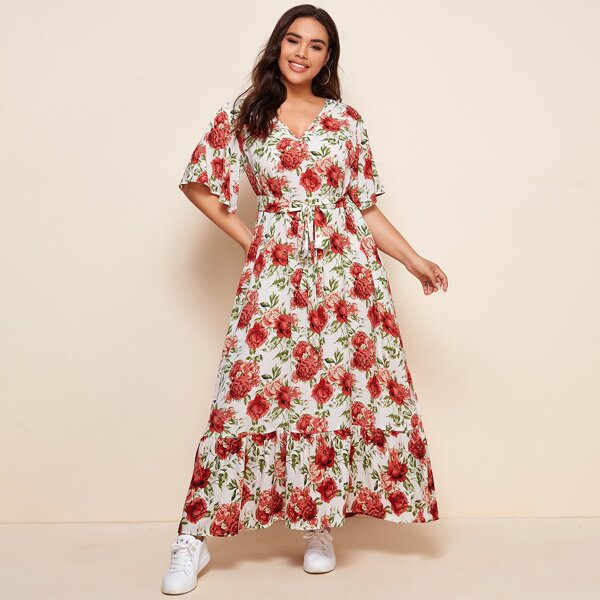 

Plus Allover Floral Print Flutter Sleeve Self Belted Dress, Multicolor